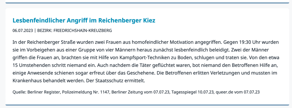 Auszug aus dem Berliner Register zu lesbenfeindlichen Angriff im Reichenberger Kiez